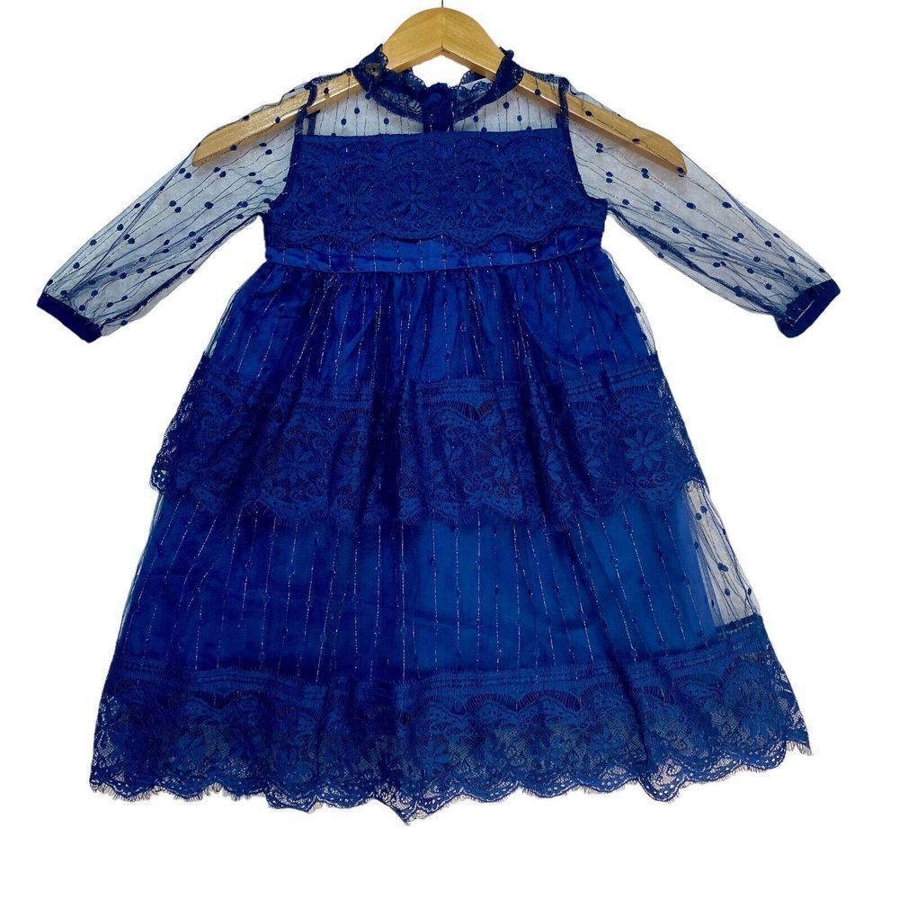 Girls Orchid Lane Sz 4 Navy Blue Gold Tulle‎ Layered Lace Dress tiered dots